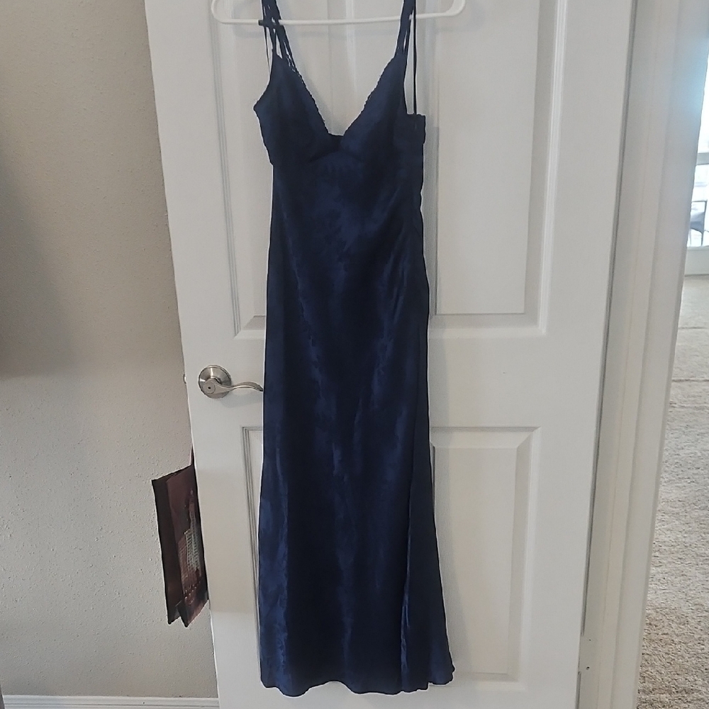 Vici Midnight Blue Satin Maxi Dress with Spaghetti Straps And Lace Underlay